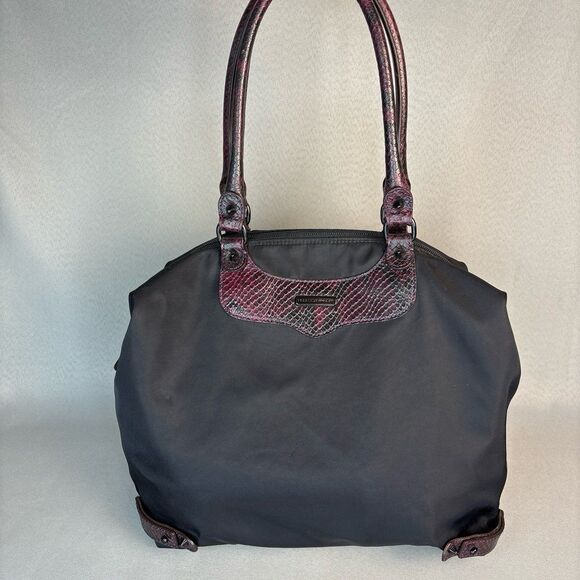 Rebecca Minkoff Purse Shoulder Bag Black Nylon Tote with Red Snakeskin & Spikes - Picture 2 of 12